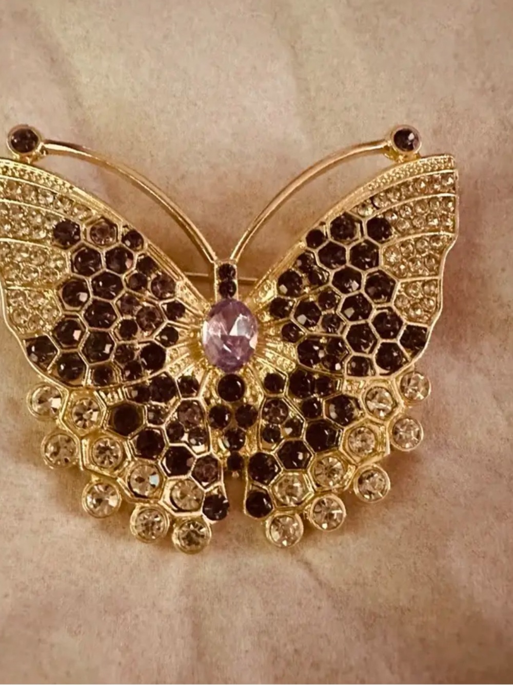 Gold Butterfly Rhinestone Brooch with Purple Gemstone in Centre
